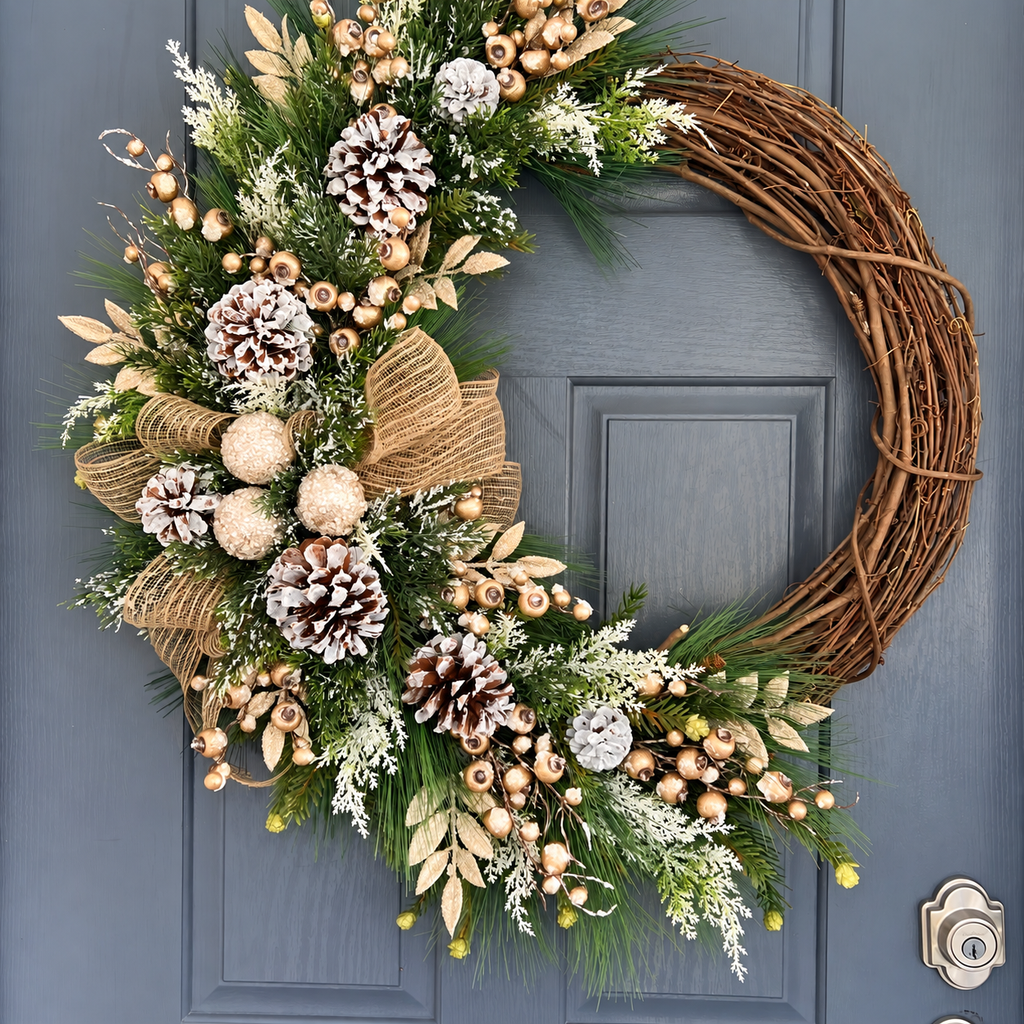 Cream and gold artificial Christmas wreath shown in a rotated hanging arrangement