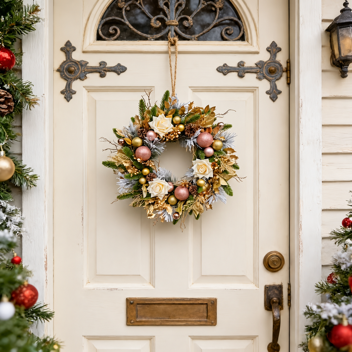 Artificial Christmas wreath with cream roses gold leaves and baubles hanging on a front door