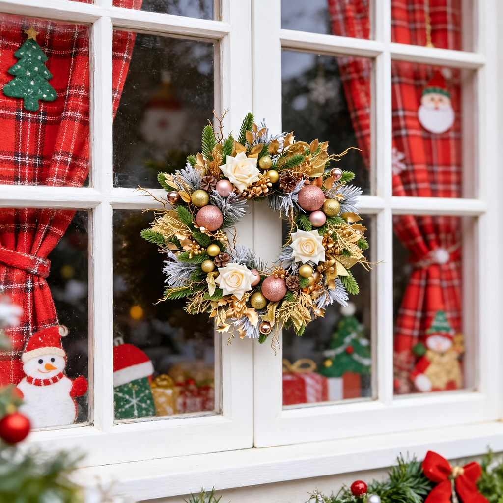 Cream rose and gold leaf artificial Christmas wreath displayed on a window