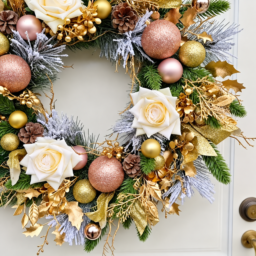 Close up of cream artificial roses gold leaves baubles and pinecones on a Christmas wreath