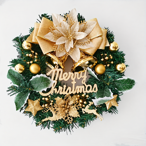 Gold bow artificial Christmas wreath with two deer Merry Christmas lettering and gold bells