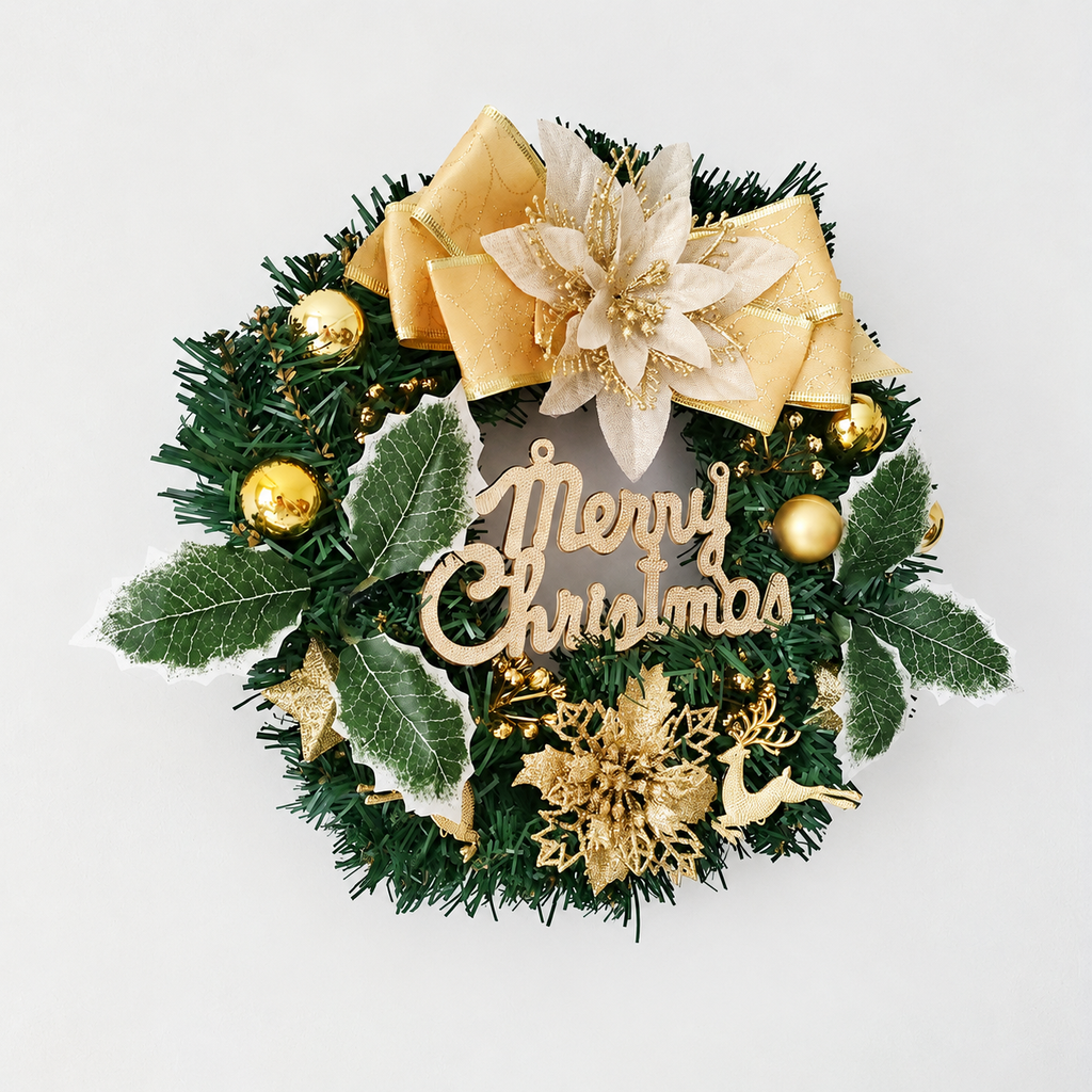 Gold bow artificial Christmas wreath with deer and Merry Christmas lettering without bells