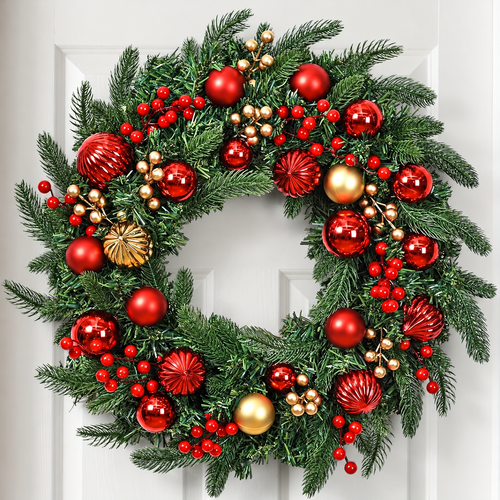 Artificial Christmas Wreath | Red And Gold Baubles With Norfolk Pine Style Foliage, 20 In