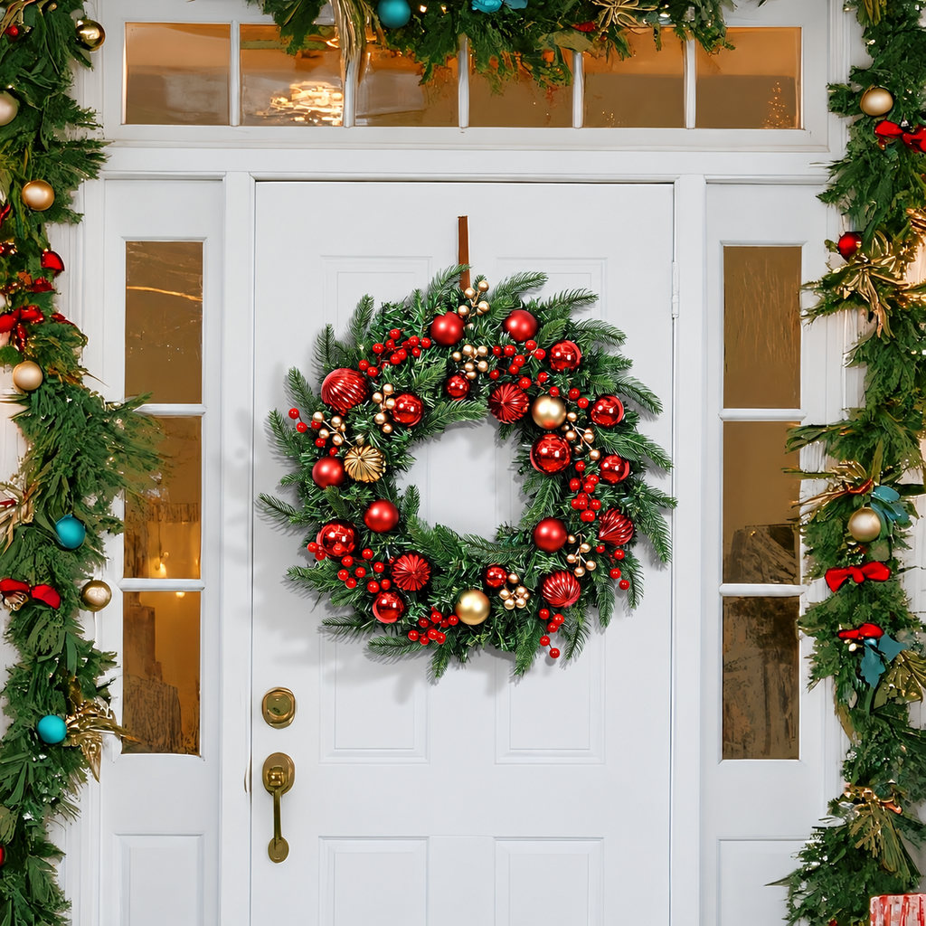 Red and gold Christmas wreath on a front door shown with separate garland styling