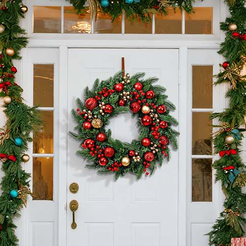 Red and gold Christmas wreath on a front door shown with separate garland styling