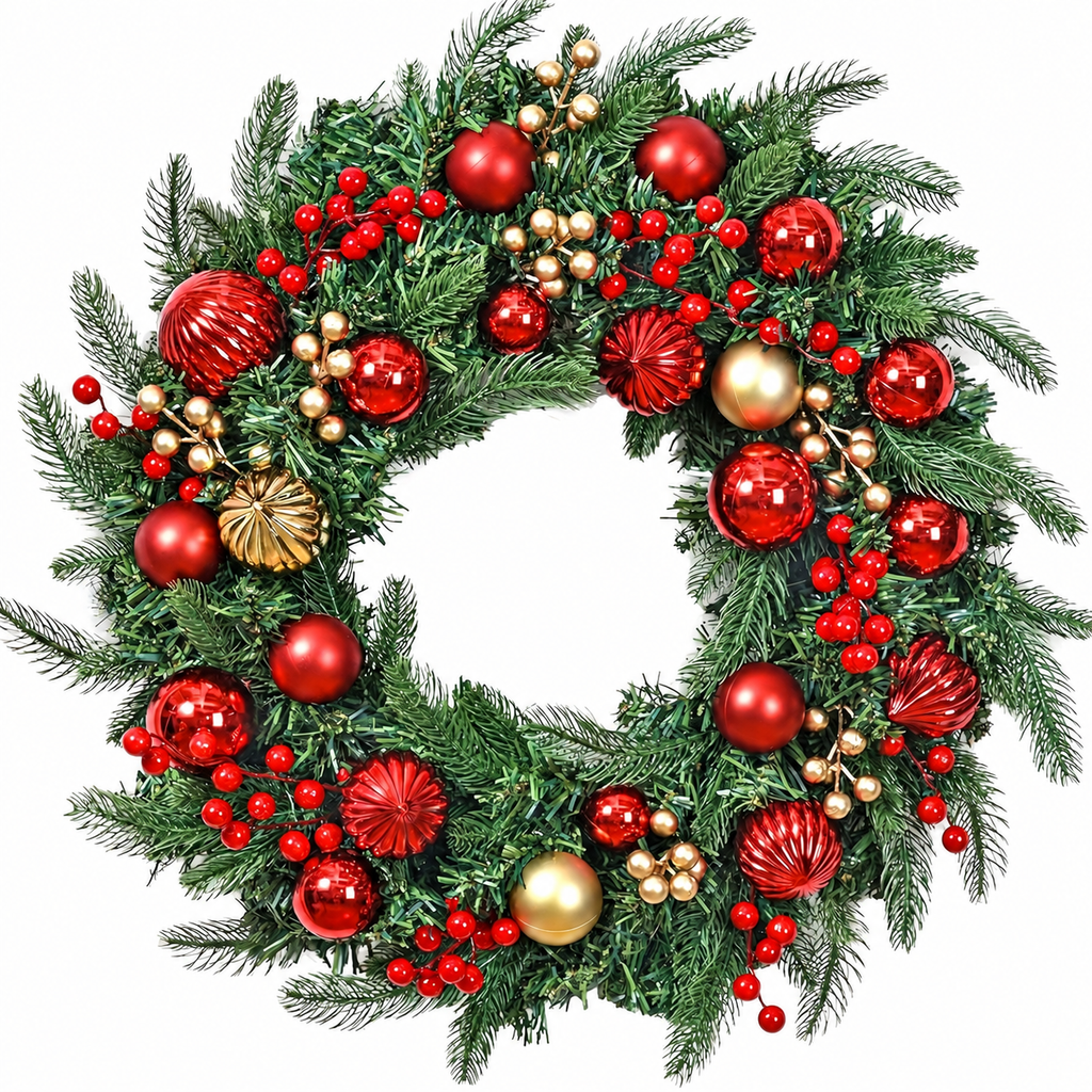 Artificial red and gold bauble Christmas wreath shown on a white background