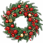 Artificial red and gold bauble Christmas wreath shown on a white background