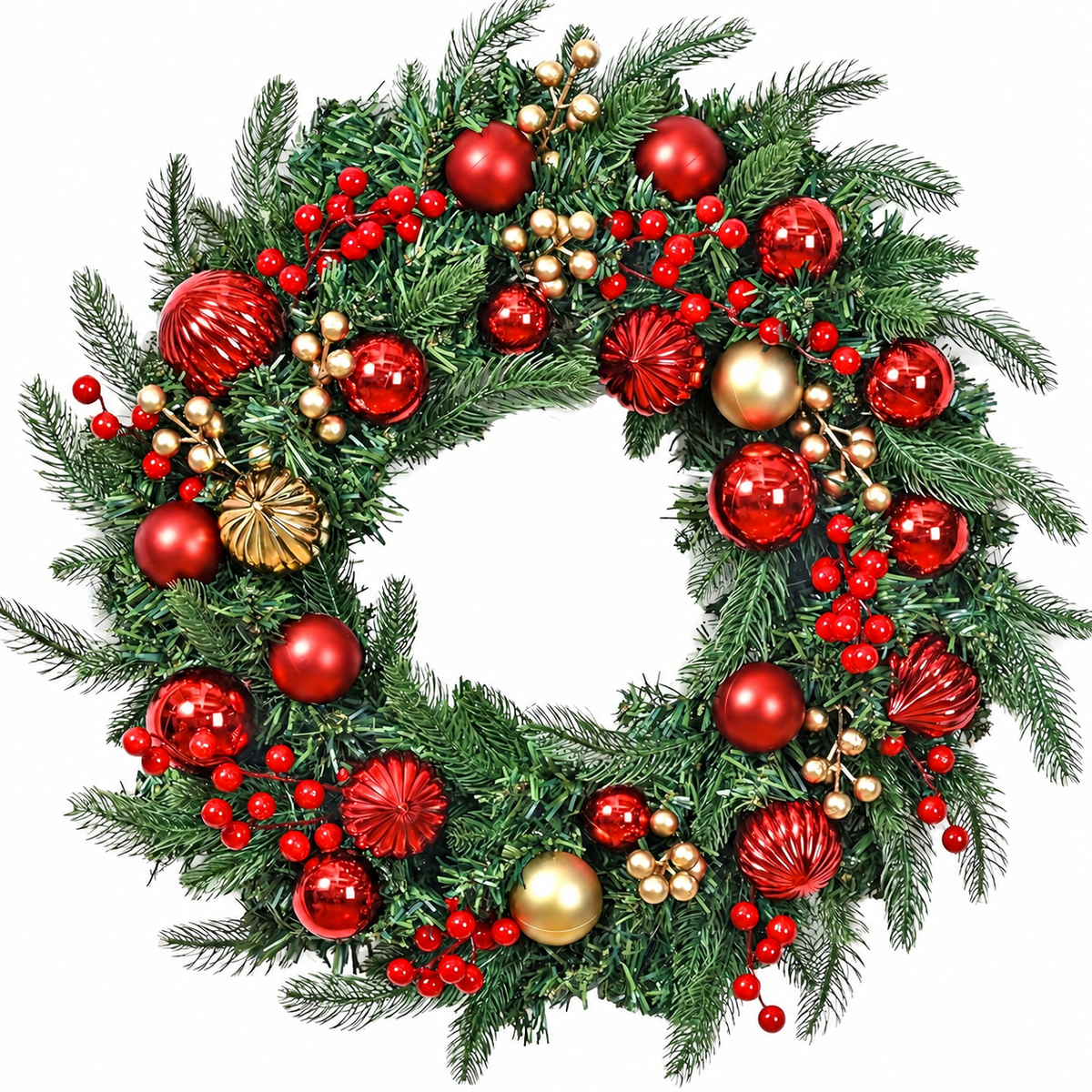 Artificial red and gold bauble Christmas wreath shown on a white background