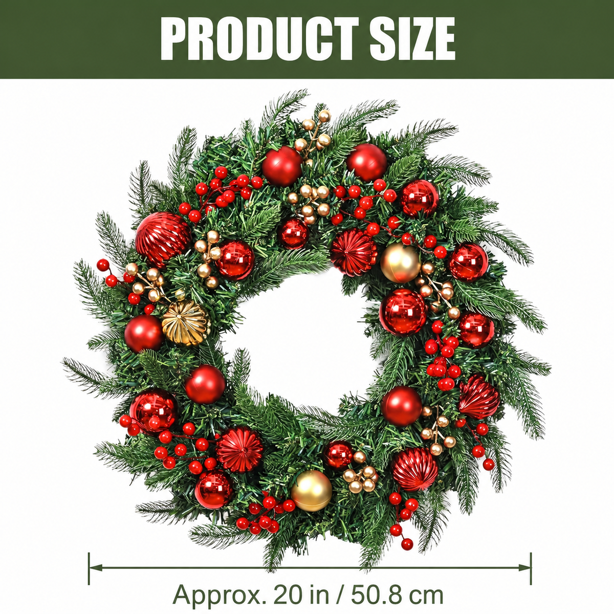 Artificial Christmas wreath size guide showing approximately 20 inches or 50.8 centimeters