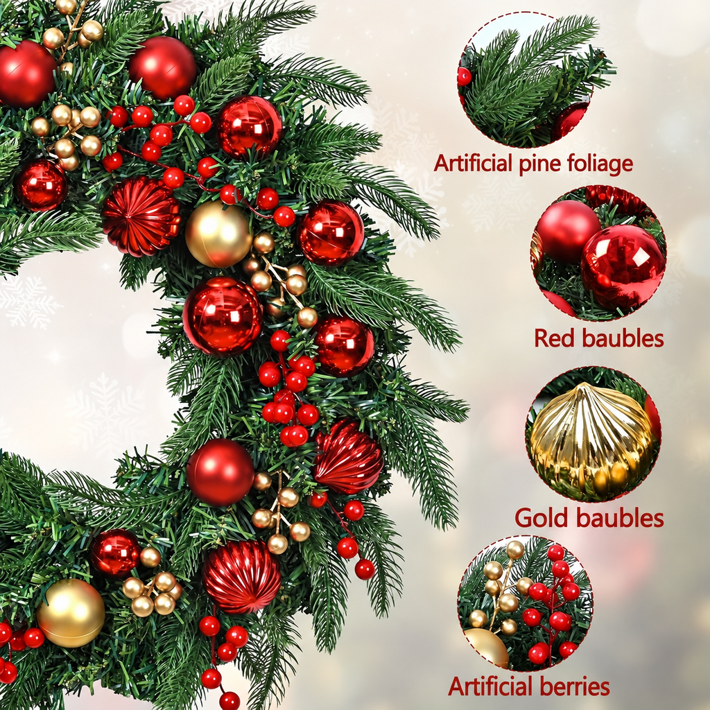 Christmas wreath detail image with circular zoom views of pine style foliage red baubles gold baubles and berries