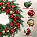Christmas wreath detail image with circular zoom views of pine style foliage red baubles gold baubles and berries