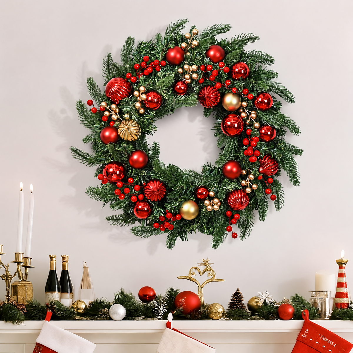 Red and gold artificial Christmas wreath displayed above a decorated mantel
