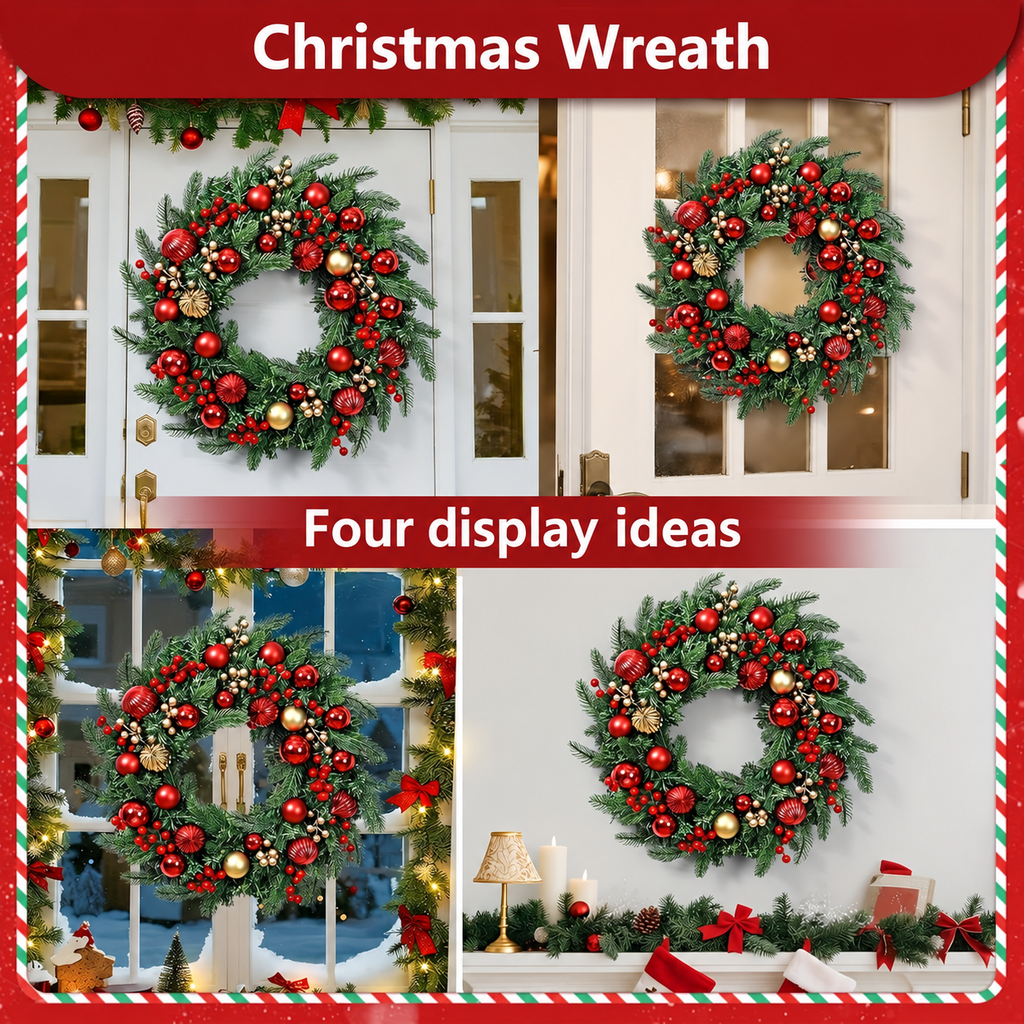 Four panel collage showing the red and gold Christmas wreath in different original display settings