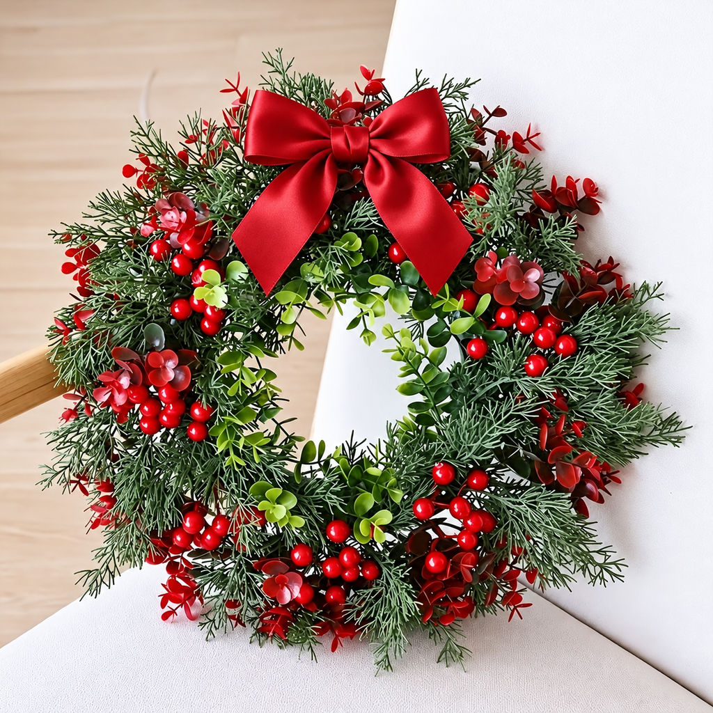 Artificial Christmas wreath with red berries green foliage and red bow against a pale wall