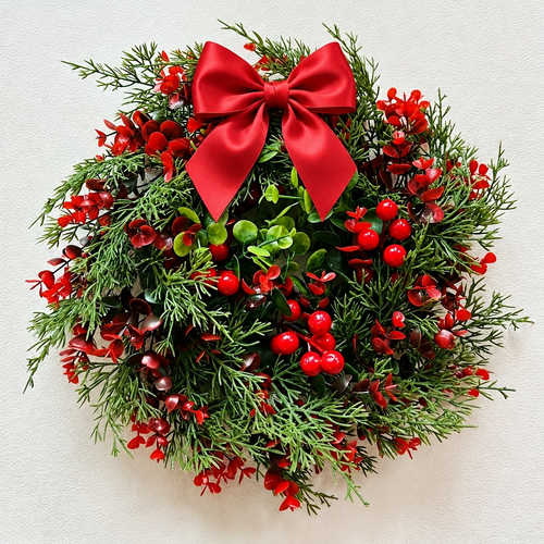 Artificial red berry Christmas wreath with bow shown close up