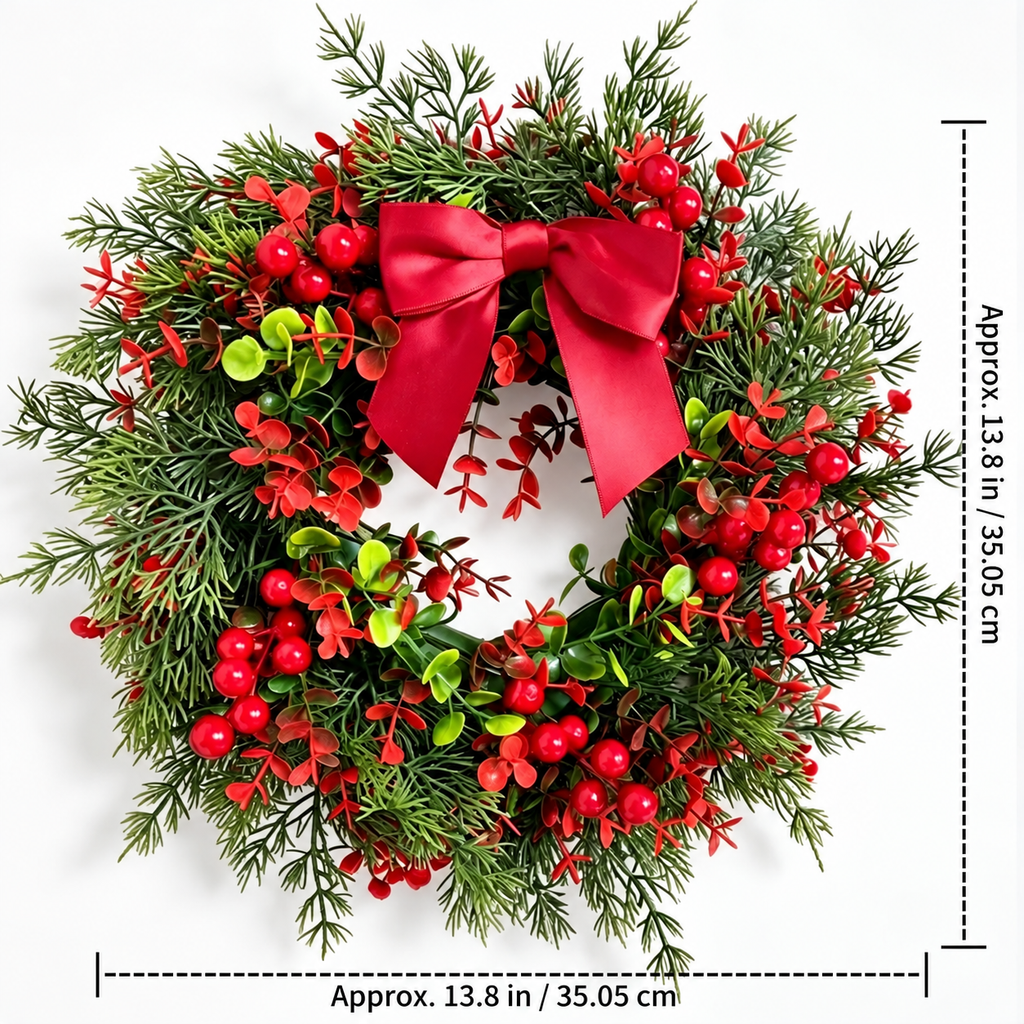 Artificial Christmas wreath size guide showing approximately 13.8 inches or 35.05 centimeters