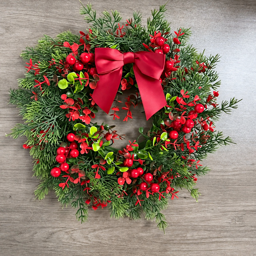 Red berry and green foliage Christmas wreath shown on a wooden surface