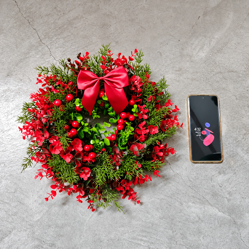Artificial red berry Christmas wreath beside a phone for scale