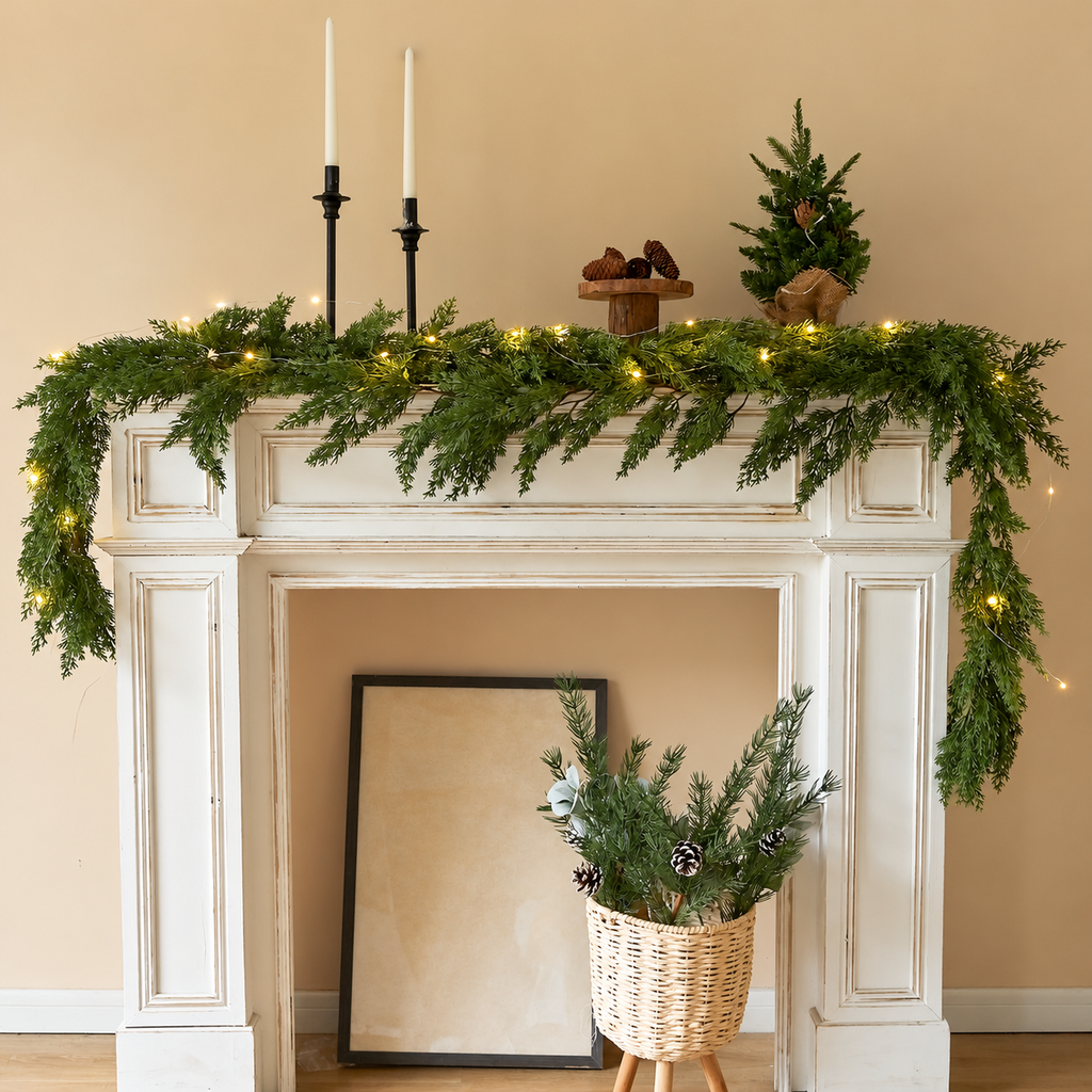 Artificial cypress garland draped over a fireplace mantel with candle styling