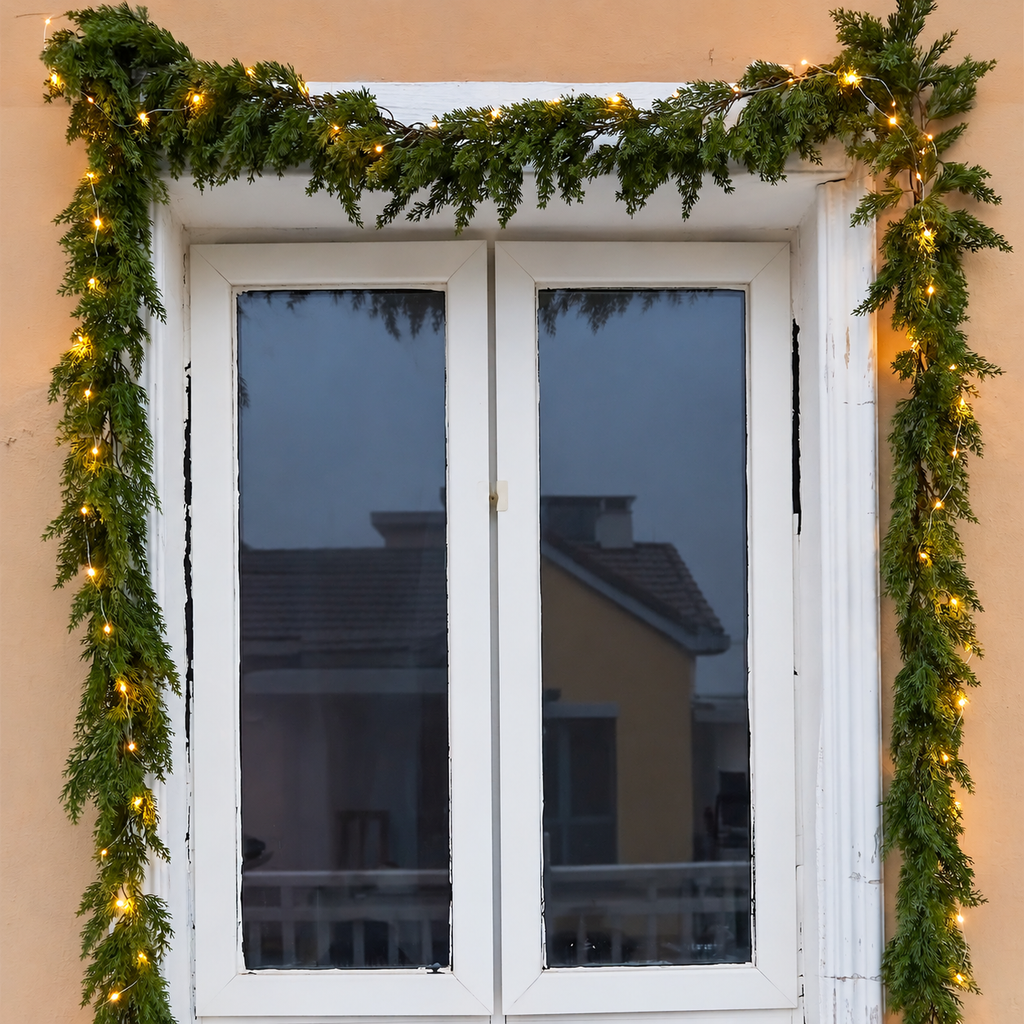 Artificial green cypress garland around a doorway shown with separate decorative lights