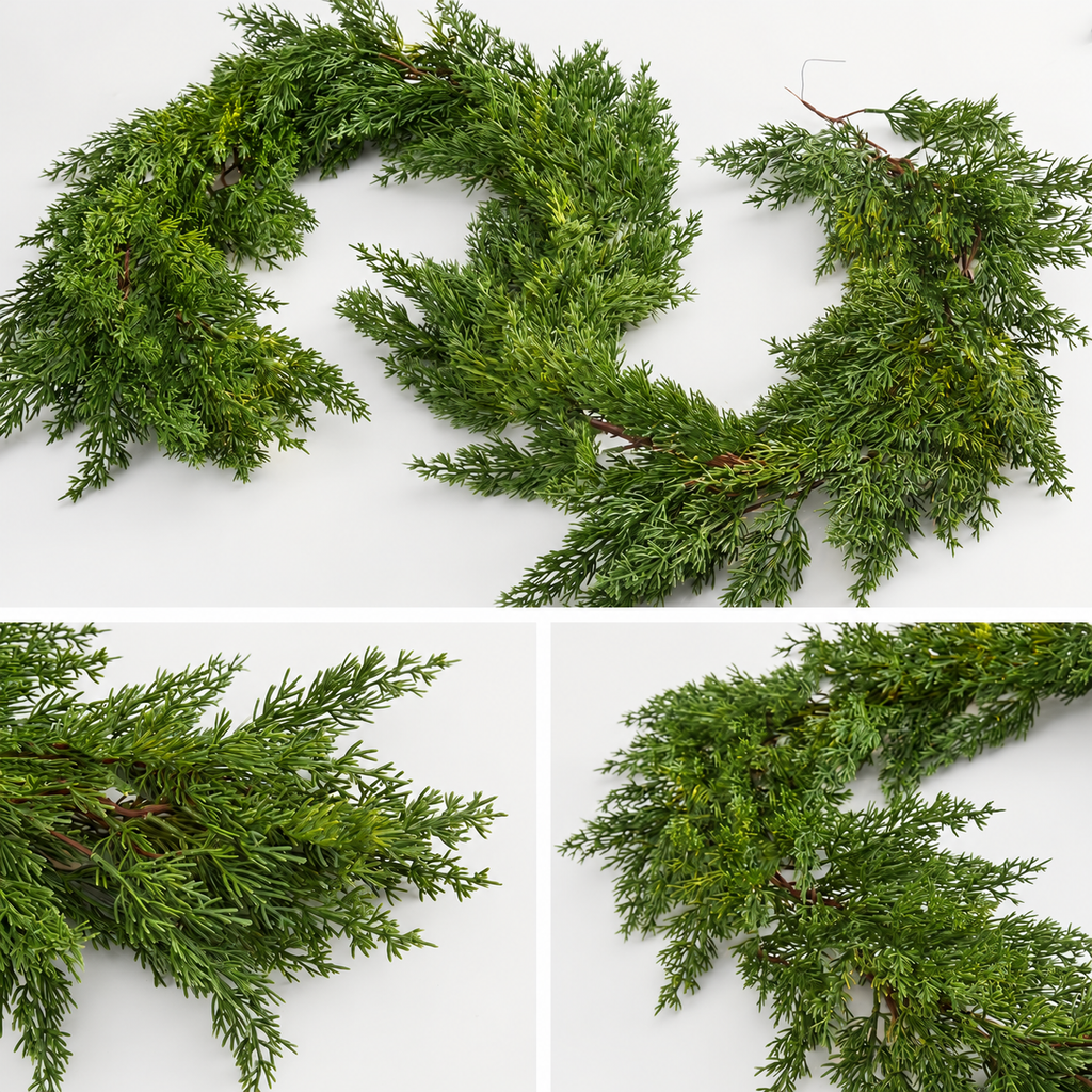 Artificial cypress garland collage showing foliage detail and the loose vine