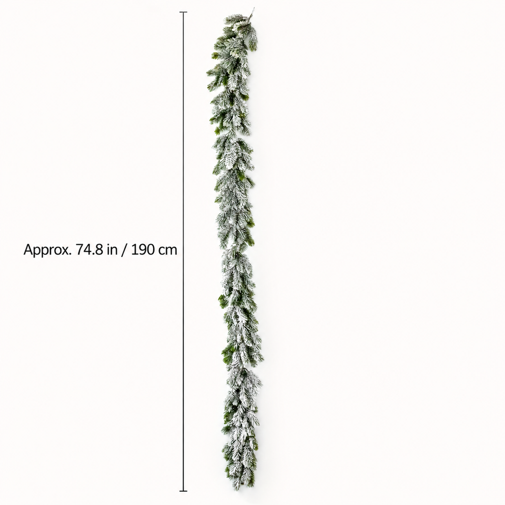 Artificial snow flocked garland size guide showing 74.8 inch or 190 centimeter length