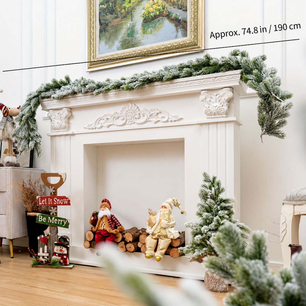 Snow flocked artificial garland draped over a white fireplace mantel with length label