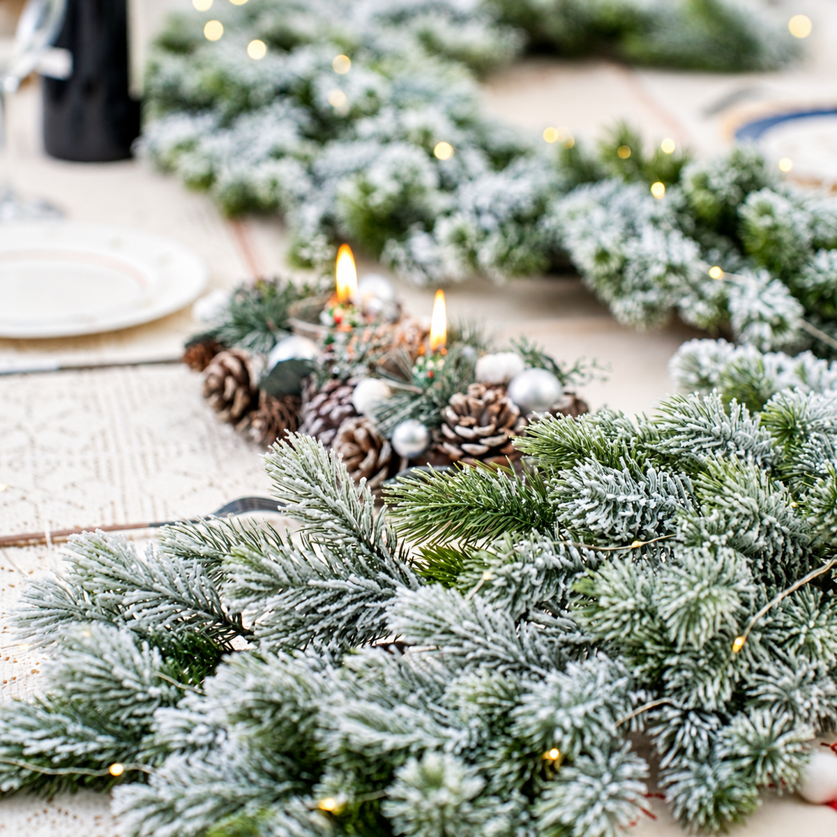 Close up of snow flocked garland on a dining table beside a separate candle arrangement