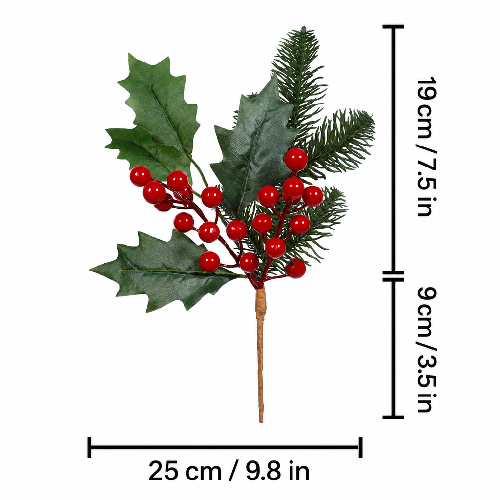 Artificial Christmas pick size guide showing foliage stem and width measurements