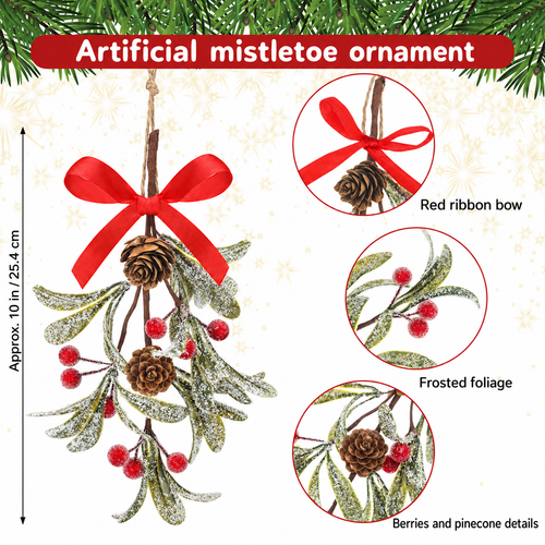 Mistletoe ornament product details with circular zoom views and approximate ten inch size guide