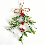 Red berry artificial mistletoe sprig with frosted green leaves twine bow and hanging loop