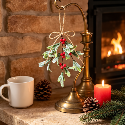 Red berry mistletoe sprig on a tabletop holder beside a fireplace