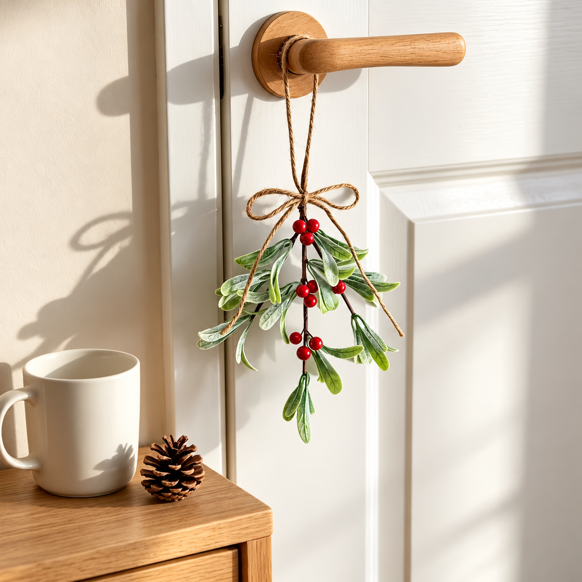 Artificial mistletoe ornament hanging from a cupboard knob