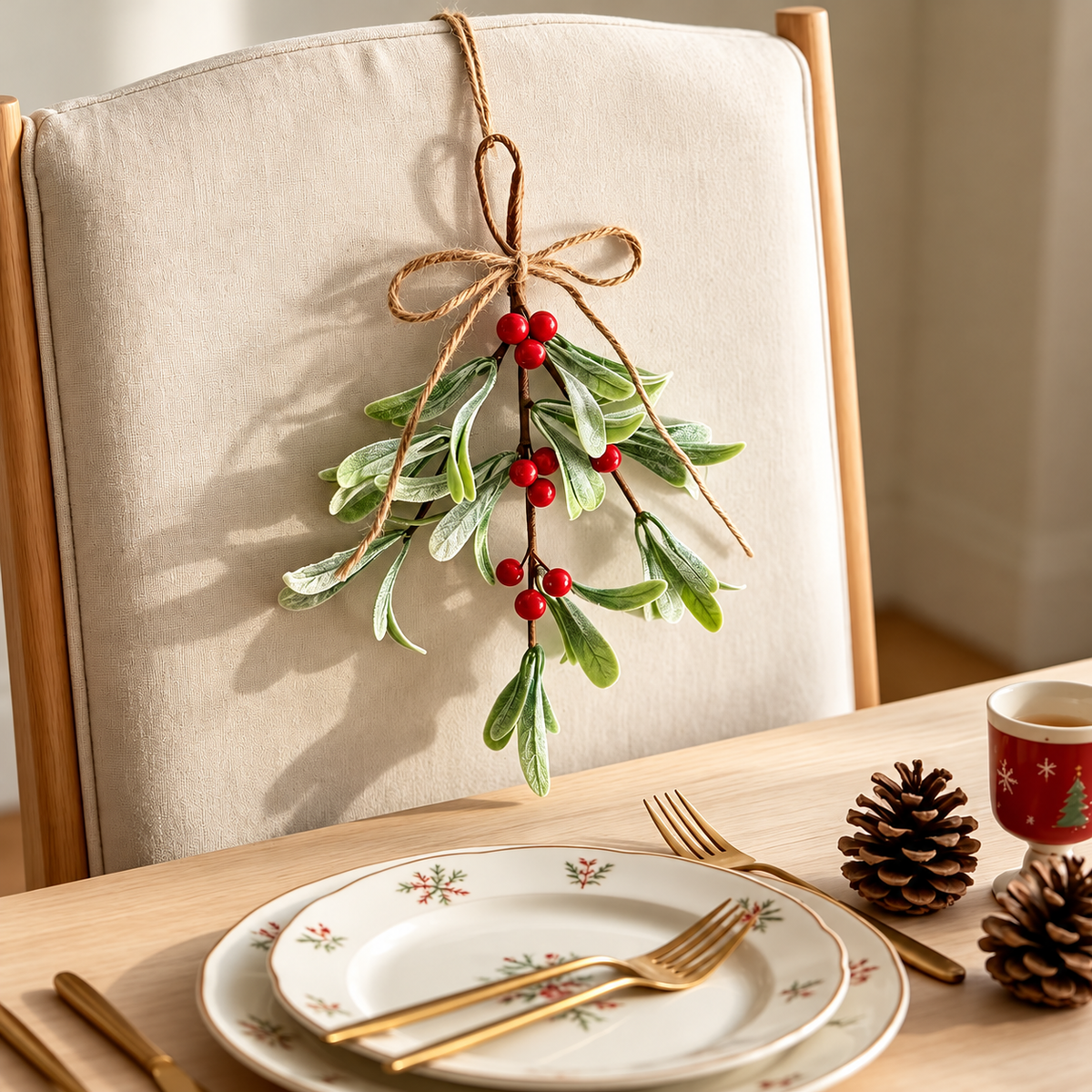 Red berry mistletoe sprig attached to the back of a dining chair