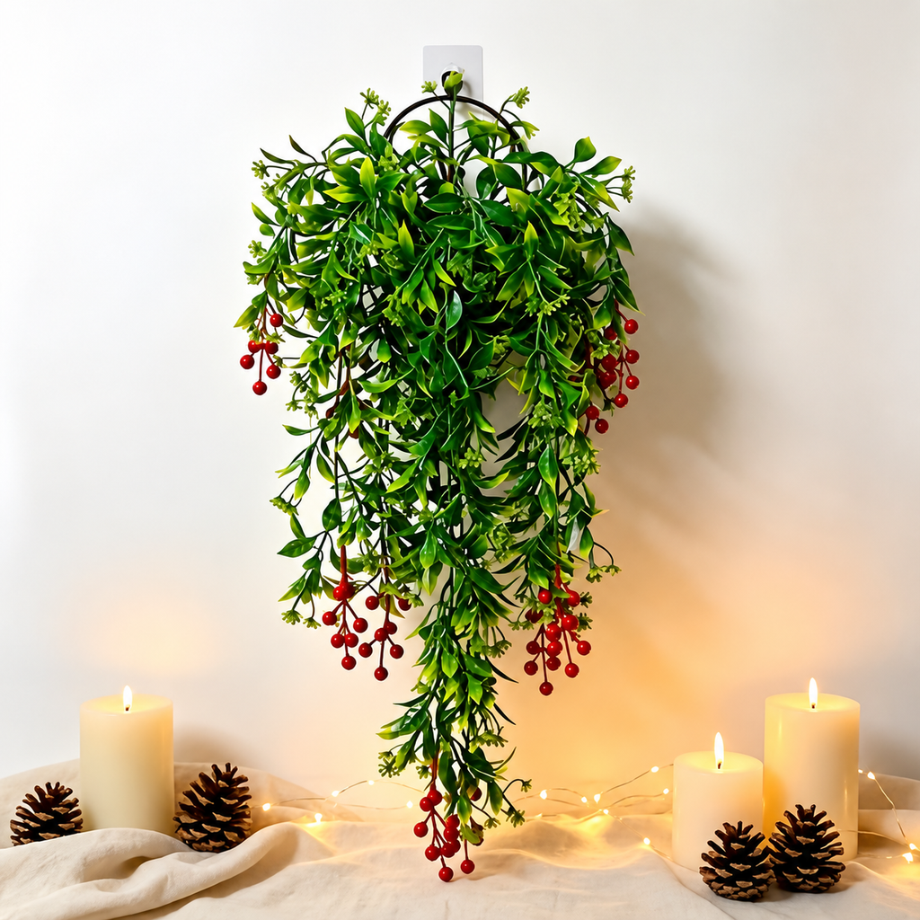 Artificial mistletoe hanging swag with trailing green leaves and red berries