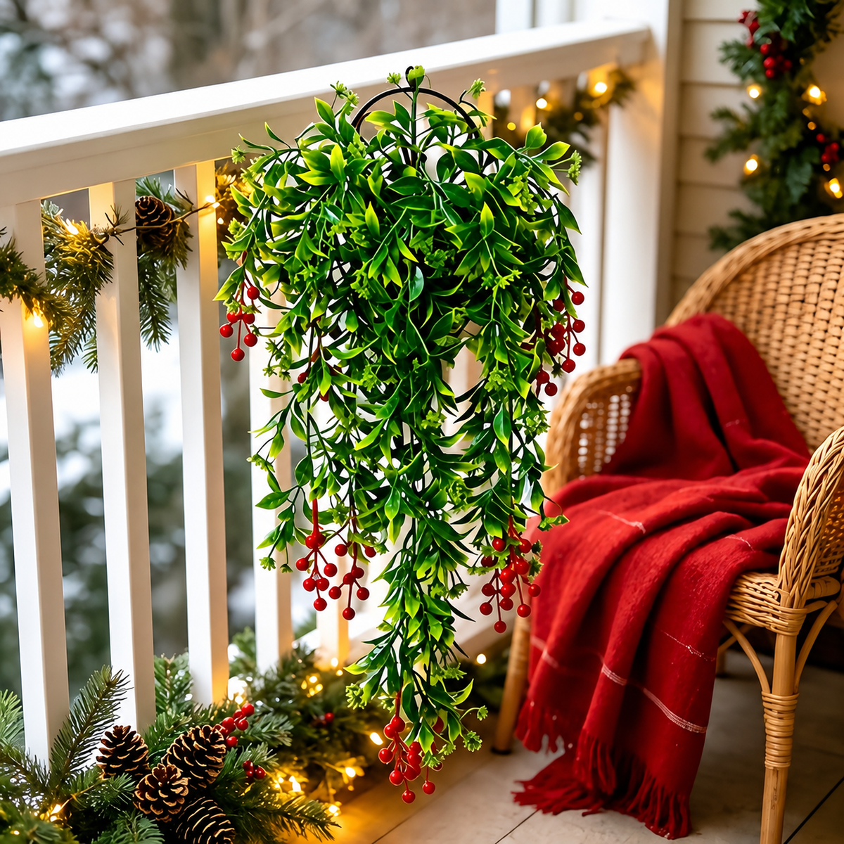 Trailing green foliage and red berry swag on a porch railing