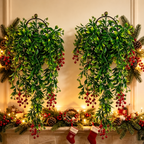 Two artificial mistletoe swags in a coordinated mantel display