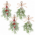 Set of four frosted artificial mistletoe ornaments with two red berry and two white berry sprigs
