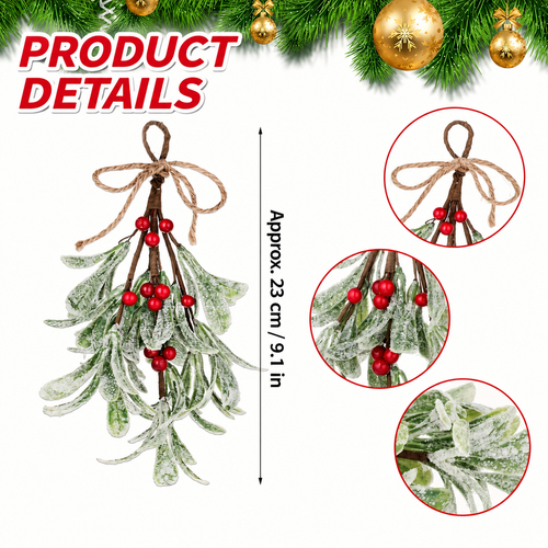 Artificial mistletoe ornament product details with twenty three centimeter size guide and circular zoom views