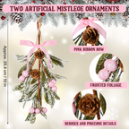 Pink mistletoe ornament size guide and three circular zoom views of product details