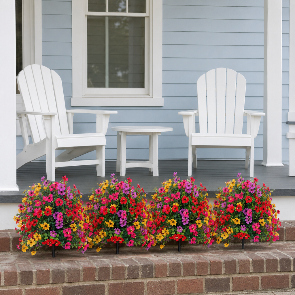 Artificial outdoor flowers arranged across a brick porch with white chairs
