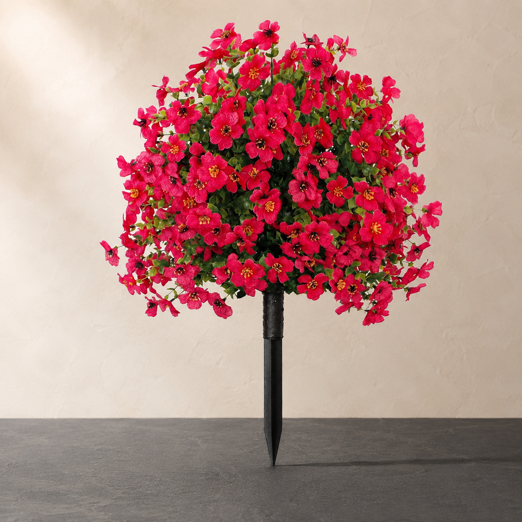 Rose red artificial outdoor flowers against ivory plaster and dark slate