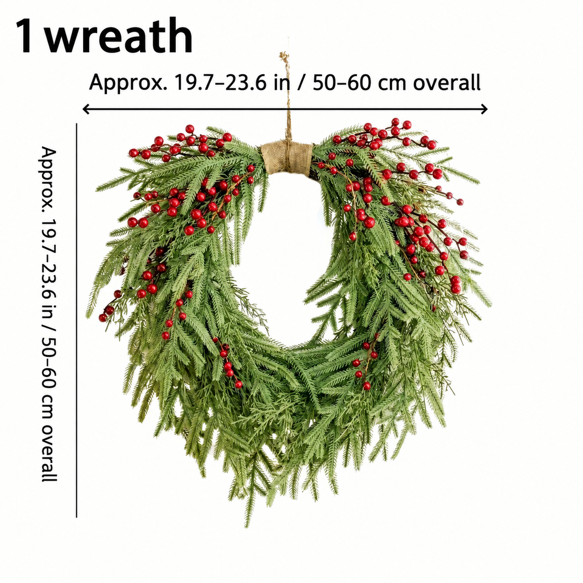 Artificial pine and berry wreath approximate size guide for 19.7 to 23.6 inches or 50 to 60 centimeters