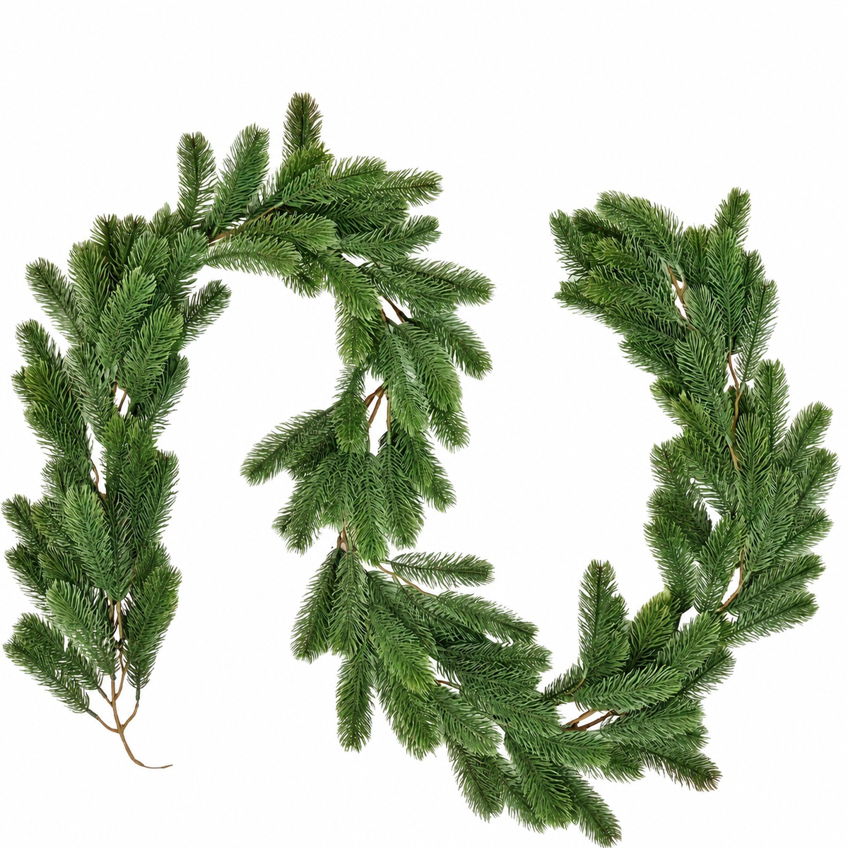 Bare artificial green pine garland curved on a white background
