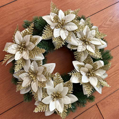 Artificial Pine Wreath Set | One Green Wreath And Six Champagne Flowers, Unlit