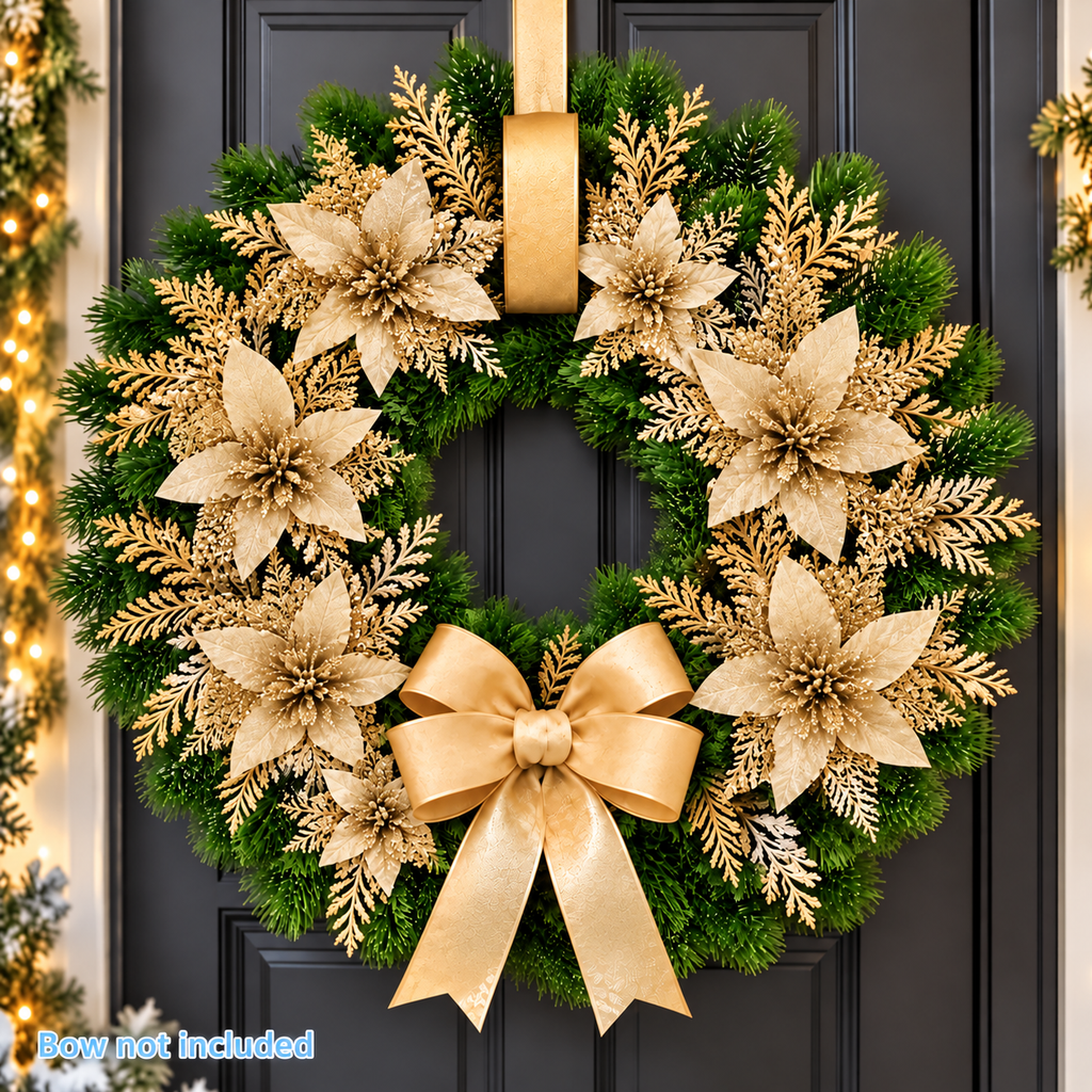 Styled artificial pine wreath and champagne flower arrangement shown with a bow that is not included
