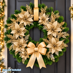 Styled artificial pine wreath and champagne flower arrangement shown with a bow that is not included