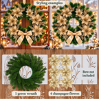 Wreath set contents collage showing one green wreath six champagne flower pieces and separate styling examples