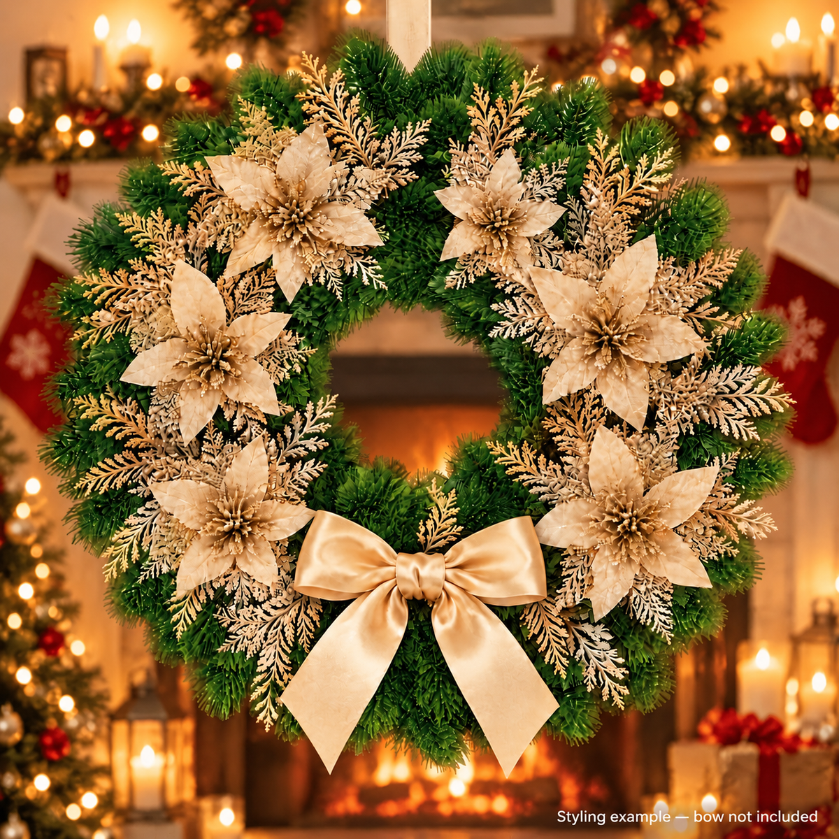 Champagne flower wreath styling example above a mantel with bow not included