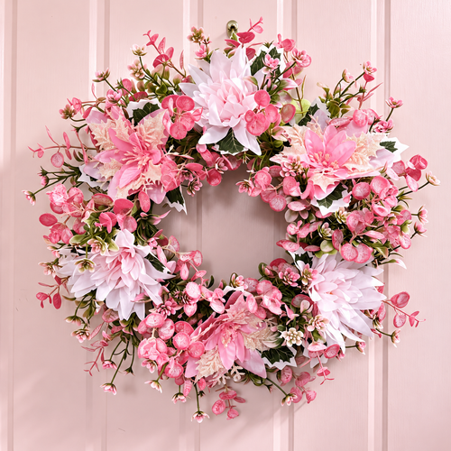Artificial Pink Flower Wreath | Unlit Floral Door And Wall Decoration, 16.5 In